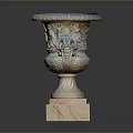 Classical Stone Urn With Carved Floral Patterns And Decorative Handles Blue Lid Square Base