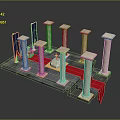 Classical Architectural Columns Display With Stone Pedestals And Red Decorative Strip On Platform