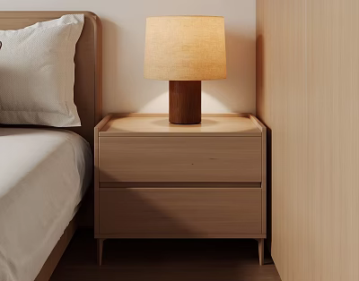 Modern Wooden Bedside Table With Drawer And Lamp In Bedroom Interior 3d model