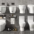Different Modern Toilet Styles In Bathroom With Wall Mounted Floor Standing Units And Accessories
