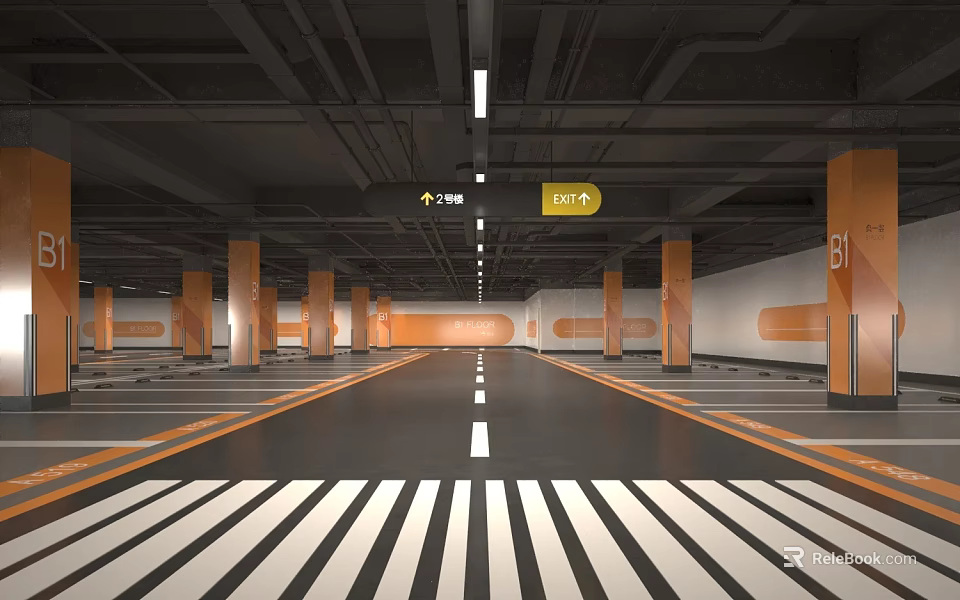 Underground Garage Interior With Orange Columns Floor Markings And Exit Signs 3d model