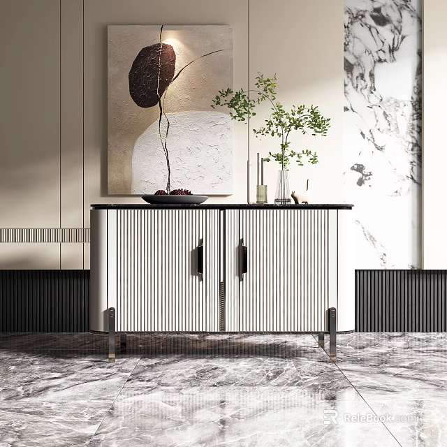 Modern Entryway Cabinet Sideboard With Striped Doors And Decorative Plants 3d model 