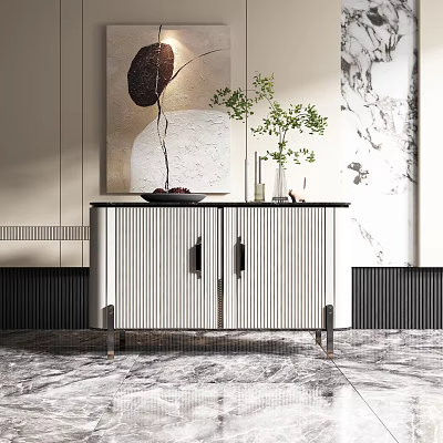 Modern Entryway Cabinet Sideboard With Striped Doors And Decorative Plants 3d model