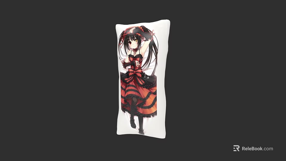 Anime Girl Printed Decorative Pillow With Red Black Dress And Long Hair Design 3d model 