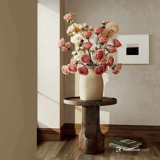 Elegant Vase With Pink And Cream Roses Placed On Wooden Round Table Interior Decor 3d model 