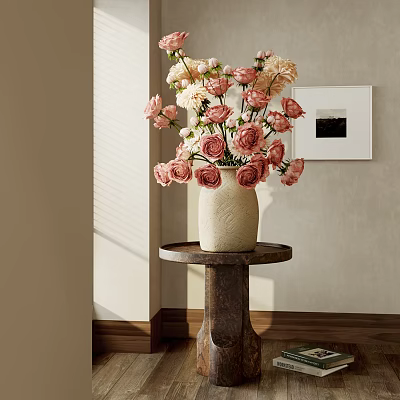 Elegant Vase With Pink And Cream Roses Placed On Wooden Round Table Interior Decor 3d model