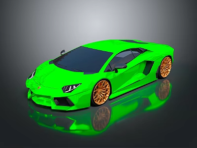 Sleek Green Sports Car With Gold Wheels And Reflective Surface On Dark Background 3d model