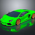 Sleek Green Sports Car With Gold Wheels And Reflective Surface On Dark Background