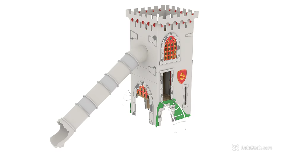 Castle Themed Play Equipment Featuring Tower Slide Green Stairs And Decorative Design 3d model 