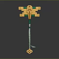 Golden And Green Decorative Weapon With Long Handle Square Top And Blade Tip