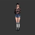 Blonde Woman in Plaid Shirt and Denim Shorts with Striped Socks on Roller Skates