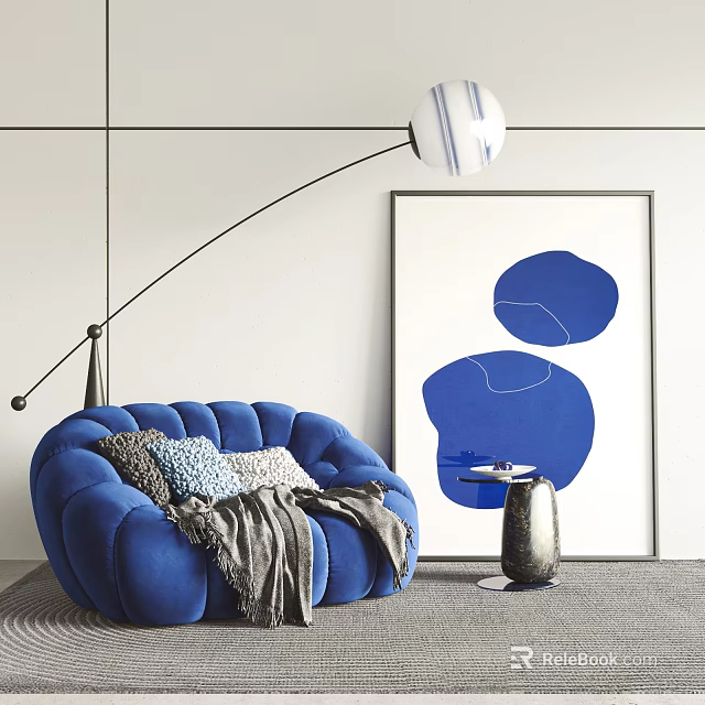 Comfortable Blue Lazy Sofa with Gray Blanket Abstract Painting Floor Lamp and Side Table 3d model 