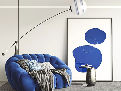Comfortable Blue Lazy Sofa with Gray Blanket Abstract Painting Floor Lamp and Side Table 3d model