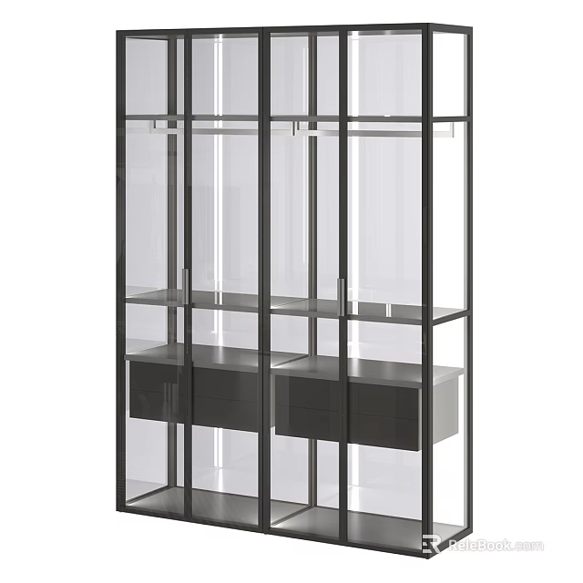 Modern Display Cabinet With Black Metal Frame Glass Shelves And Drawers 3d model 