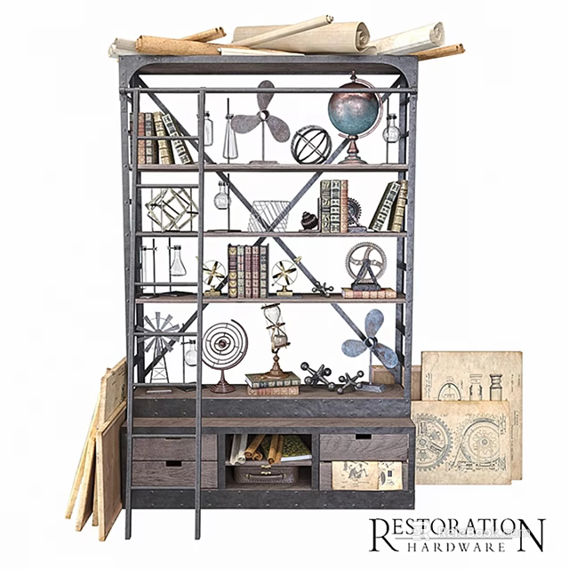 Industrial Wall Decor With Metal Shelf Books Globe Gears And Vintage Charts 3d model 
