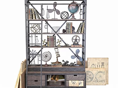 Industrial Wall Decor With Metal Shelf Books Globe Gears And Vintage Charts 3d model