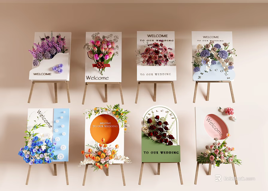 Decorative Flower Stands With Various Flowers And Welcome Signs For Entrance Decor 3d model 