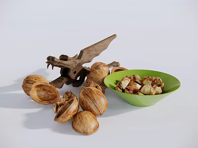 Shelled Nuts in Green Bowl with Unshelled Nuts Around on White Background 3d model