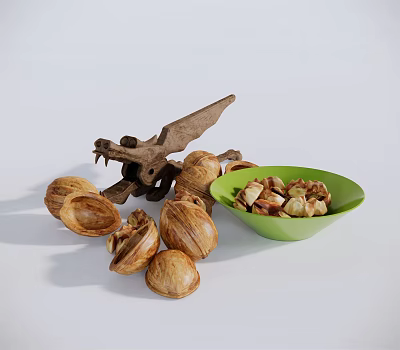 Shelled Nuts in Green Bowl with Unshelled Nuts Around on White Background 3d model