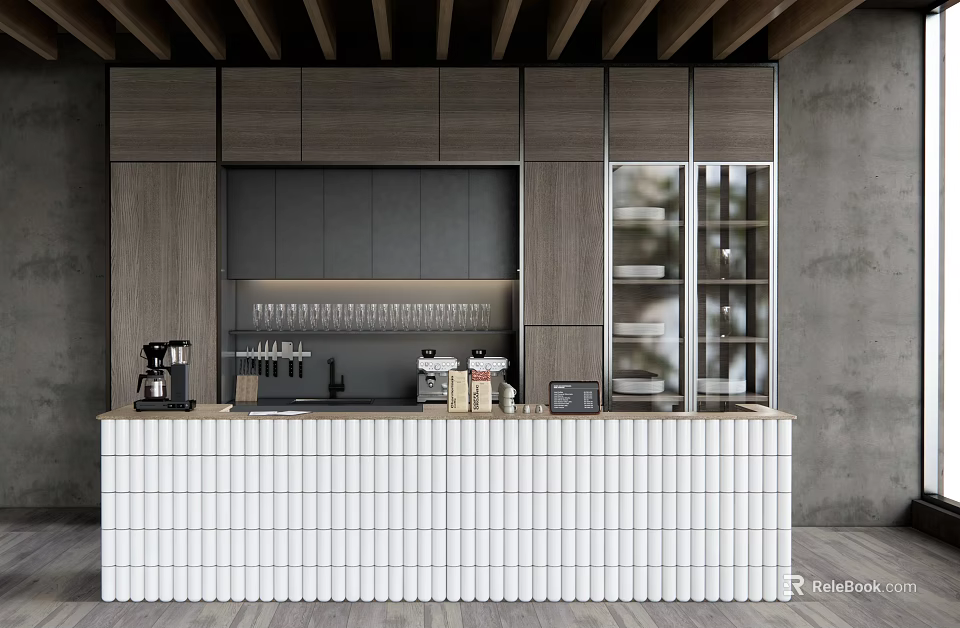 Modern Bar Counter With White Brick Top Gray Cabinets And Wooden Ceiling 3d model 