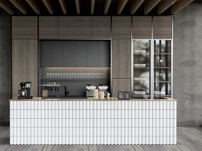 Modern Bar Counter With White Brick Top Gray Cabinets And Wooden Ceiling 3d model