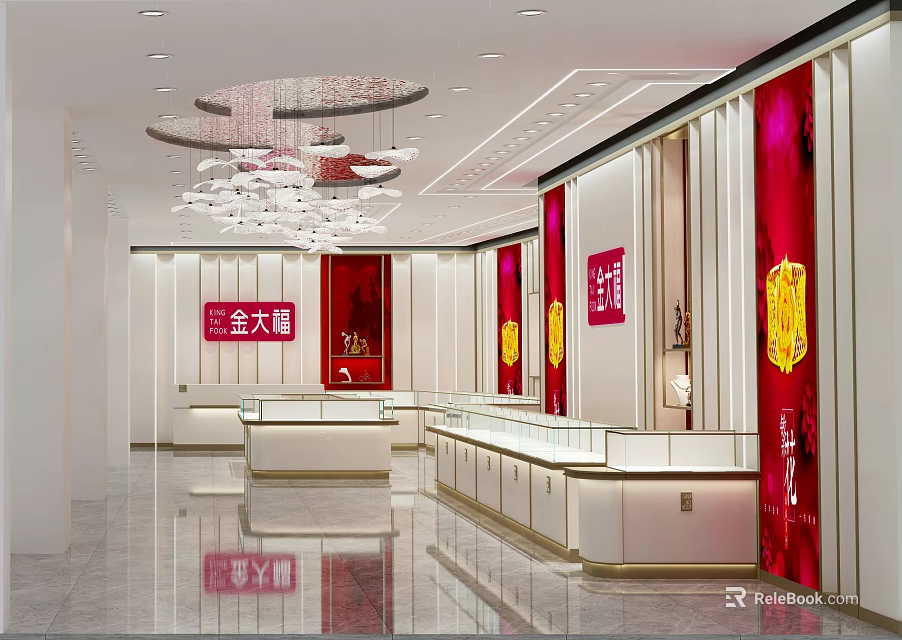 Luxury Jewelry Store Interior With Red Accent Walls Display Cases And Chandeliers 3d model 