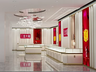 Luxury Jewelry Store Interior With Red Accent Walls Display Cases And Chandeliers 3d model