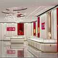 Luxury Jewelry Store Interior With Red Accent Walls Display Cases And Chandeliers