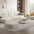 Modern Living Room Light Beige L Shaped Sofa Round Coffee Table With Ottoman Cushions Flowers