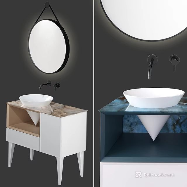 Modern Bathroom Vanity Design With Round Mirror Marble Countertop And White Basin 3d model 