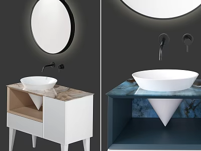 Modern Bathroom Vanity Design With Round Mirror Marble Countertop And White Basin 3d model