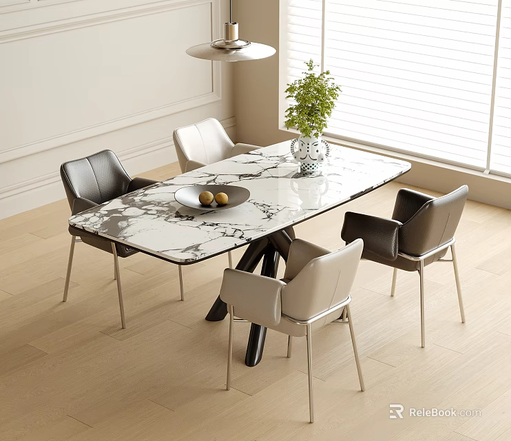 Marble Dining Table And Chairs With Wooden Floor Window Blinds And Green Plant Decoration 3d model 