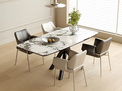 Marble Dining Table And Chairs With Wooden Floor Window Blinds And Green Plant Decoration 3d model