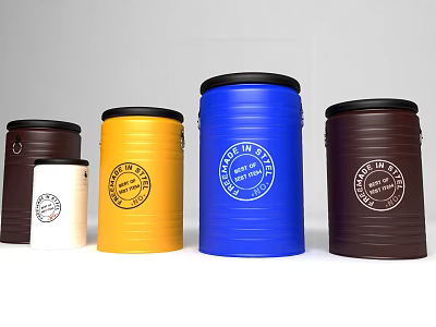 Decorative Barrel Shaped Stools In Multiple Colors With Old Fashioned Logos 3d model