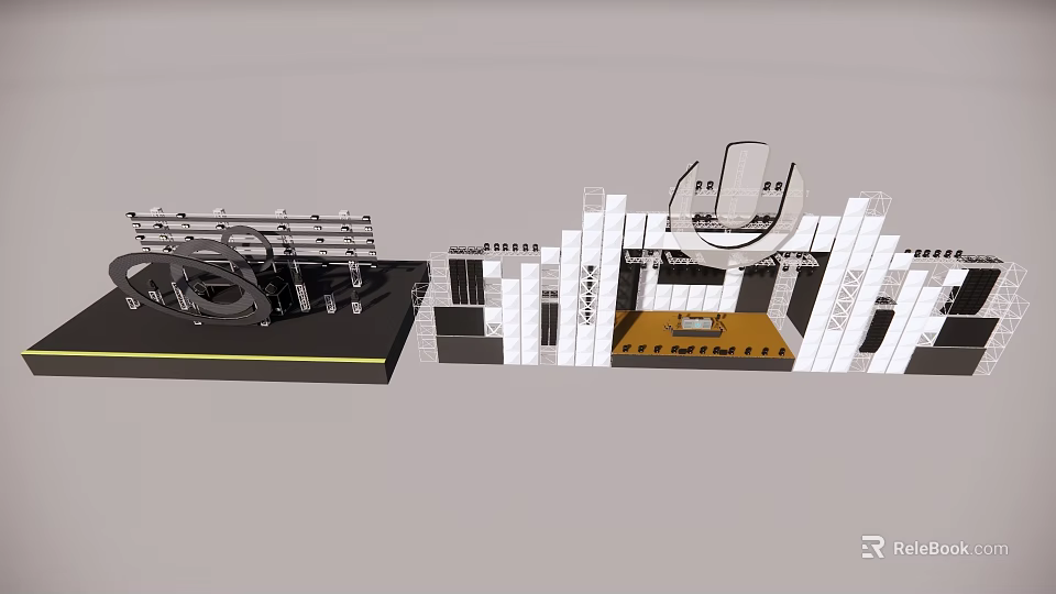 Modern Architectural Exhibition Model With White Columns Circular Installations And Grid Structures 3d model 