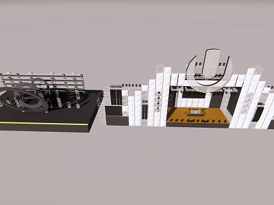 Modern Architectural Exhibition Model With White Columns Circular Installations And Grid Structures 3d model