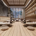 Japanese Style Teahouse Interior With Wooden Shelves Tatami Seating And Traditional Tea Sets