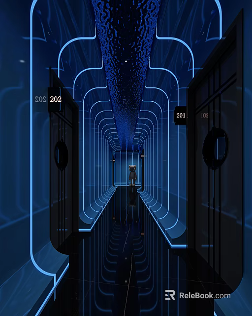 Modern KTV Corridor With Blue Neon Lights Numbered Private Room Doors And Reflective Floor 3d model 