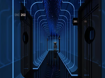 Modern KTV Corridor With Blue Neon Lights Numbered Private Room Doors And Reflective Floor 3d model