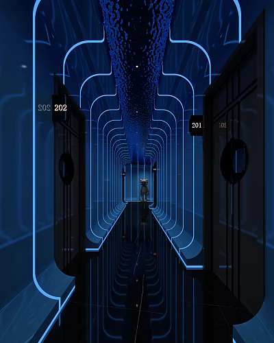 Modern KTV Corridor With Blue Neon Lights Numbered Private Room Doors And Reflective Floor 3d model
