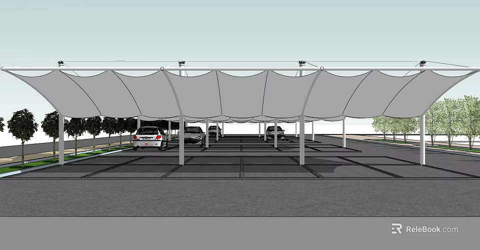 White Canopy Structure Covering Parking Area With Multiple Cars And Support Poles 3d model 