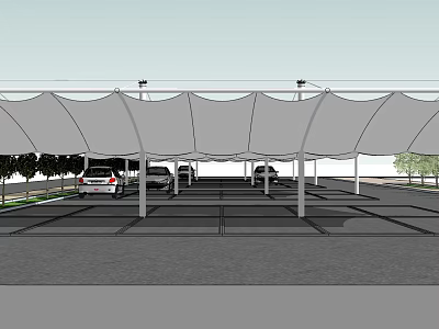 White Canopy Structure Covering Parking Area With Multiple Cars And Support Poles 3d model