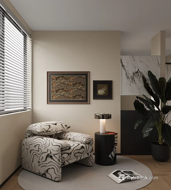 Patterned Lounge Chair in Cozy Interior with Window Blinds Framed Art and Green Plant 3d model 