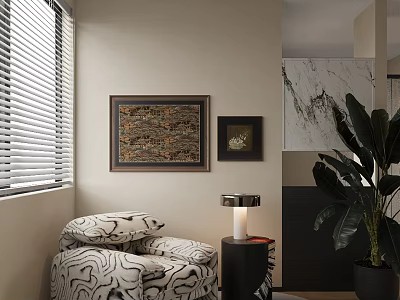 Patterned Lounge Chair in Cozy Interior with Window Blinds Framed Art and Green Plant 3d model