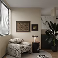 Patterned Lounge Chair in Cozy Interior with Window Blinds Framed Art and Green Plant