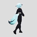 Woman with blue hair and animal ears in black cardigan white crop top black pants