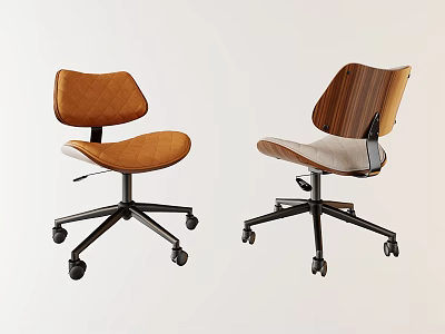Modern Comfortable Office Chairs With Brown Leather Seat Diamond Backrest And Wooden Swivel Design 3d model