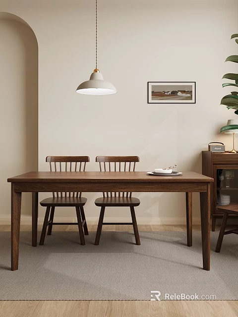 Wooden Dining Table Set With Chairs Pendant Light Painting And Green Plant Interior 3d model 