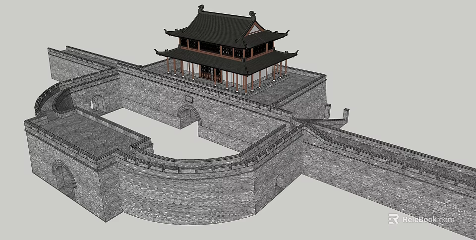 Ancient Chinese Architecture With City Wall And Multi Story Pavilion Traditional Roof 3d model 