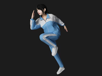 Woman In Blue And White Tracksuit Performing Dynamic Movement On Black Background 3d model